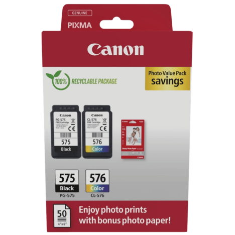 Canon oryginalny tusz PG-575 + CL-576 + papier GP501 50ark. 10x15cm 5438C004 Pixma TS3551i TR4750i TR4751i 2-pak 5.6/6.2ml