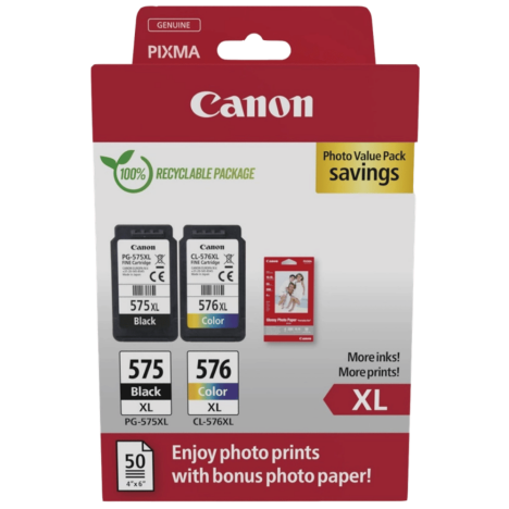 Canon oryginalny tusz PG-575XL + CL-576XL + papier GP501 50ark. 10x15cm 5437C006 Pixma TS3551i TR4750i TR4751i 2-pak 15.0/12.6ml