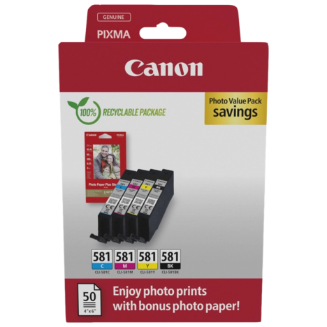 Canon oryginalny tusz CLI581 + papier PP201 50ark. 10x15cm 2106C006 CMYK 4x5,6ml 4-pak 